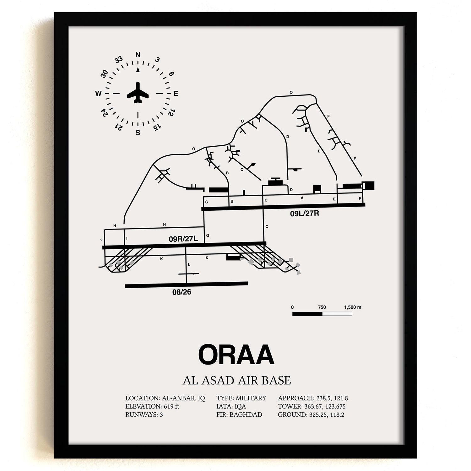 Framed Detailed Airport Map of Al Asad Air Base (ORAA) in White with a Black Frame