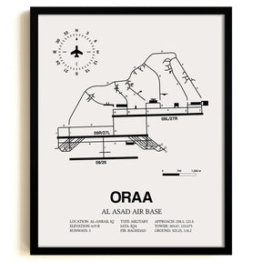 Framed Detailed Airport Map of Al Asad Air Base (ORAA) in White with a Black Frame