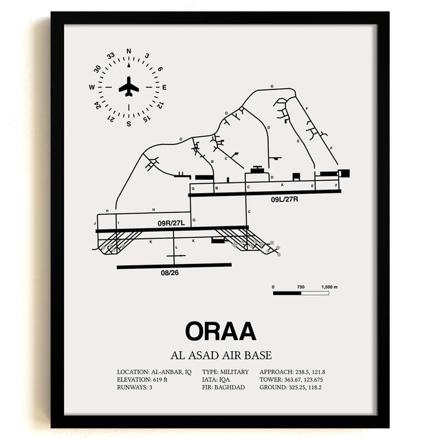 Framed Detailed Airport Map of Al Asad Air Base (ORAA) in White with a Black Frame