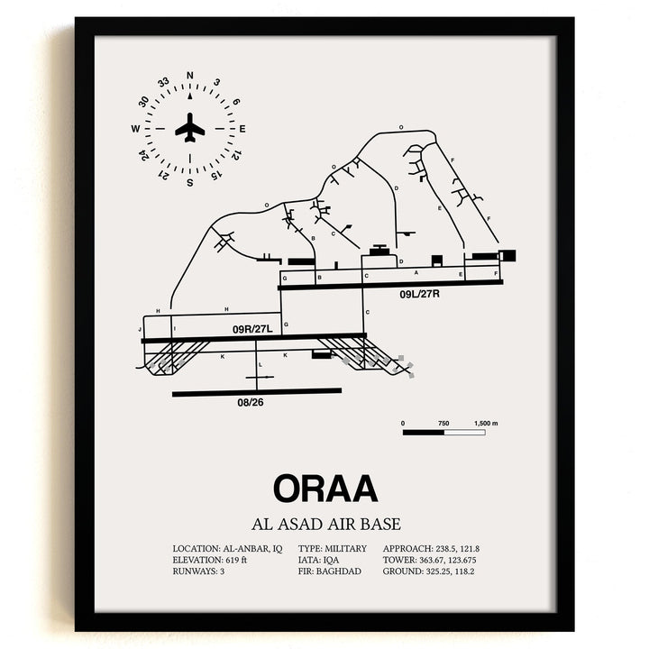 Framed Detailed Airport Map of Al Asad Air Base (ORAA) in White with a Black Frame