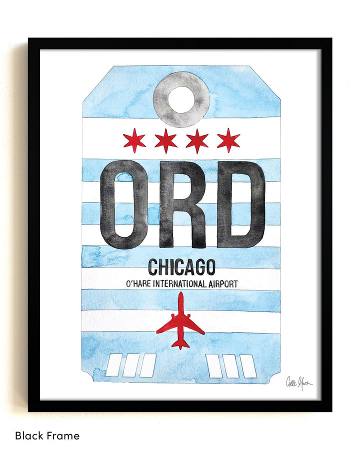 Framed Watercolor Print of Chicago O'Hare International Airport (ORD) with a Black Frame