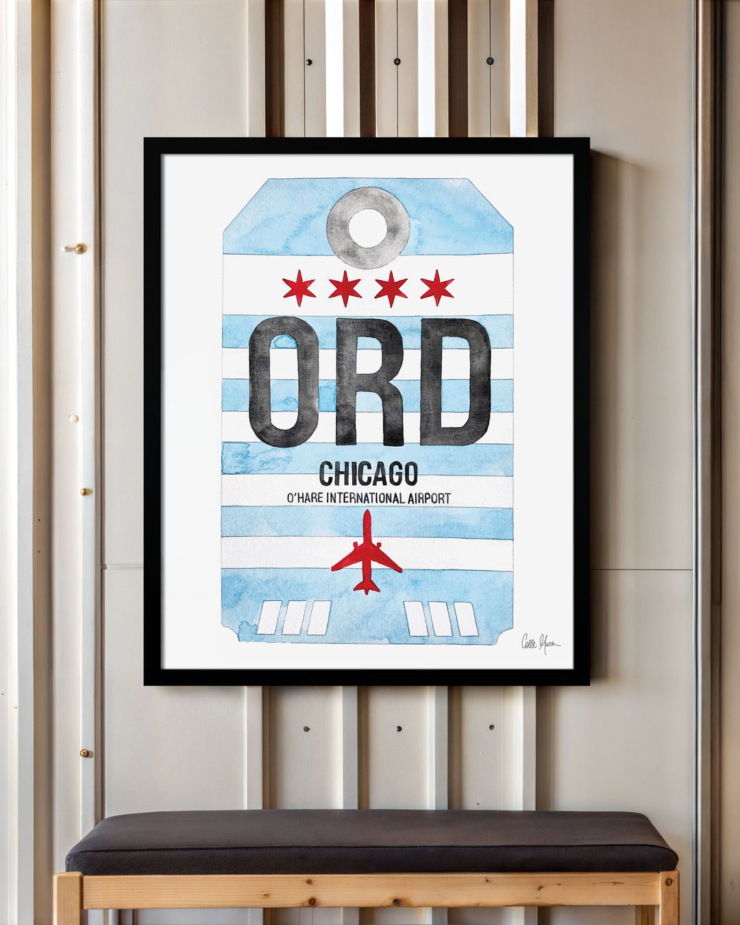 Framed Watercolor Print of Chicago O'Hare International Airport (ORD) with a Black Frame