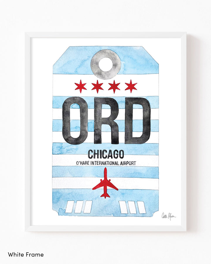 Framed Watercolor Print of Chicago O'Hare International Airport (ORD) with a White Frame