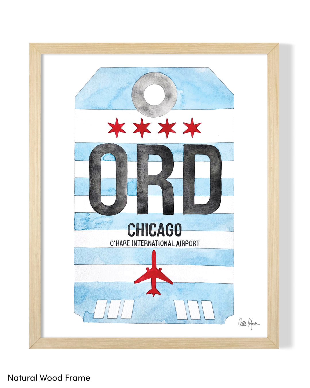 Framed Watercolor Print of Chicago O'Hare International Airport (ORD) with a Natural Wood Frame