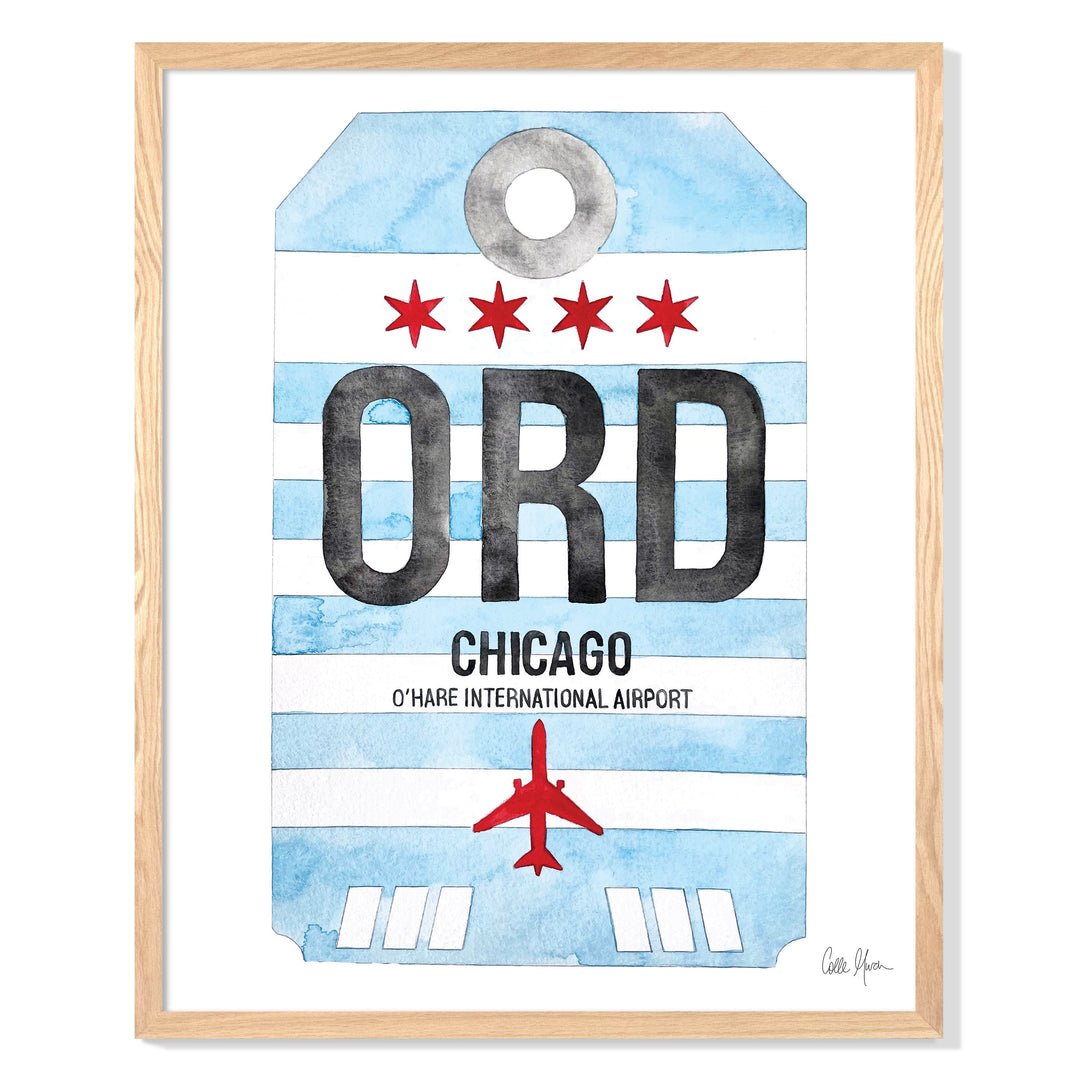 Framed Watercolor Print of Chicago O'Hare International Airport (ORD) with an Oak Frame