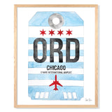 Framed Watercolor Print of Chicago O'Hare International Airport (ORD) with an Oak Frame