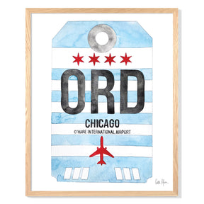 Framed Watercolor Print of Chicago O'Hare International Airport (ORD) with an Oak Frame