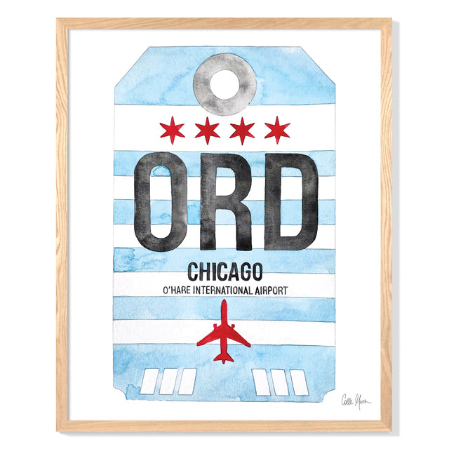 Framed Watercolor Print of Chicago O'Hare International Airport (ORD) with an Oak Frame