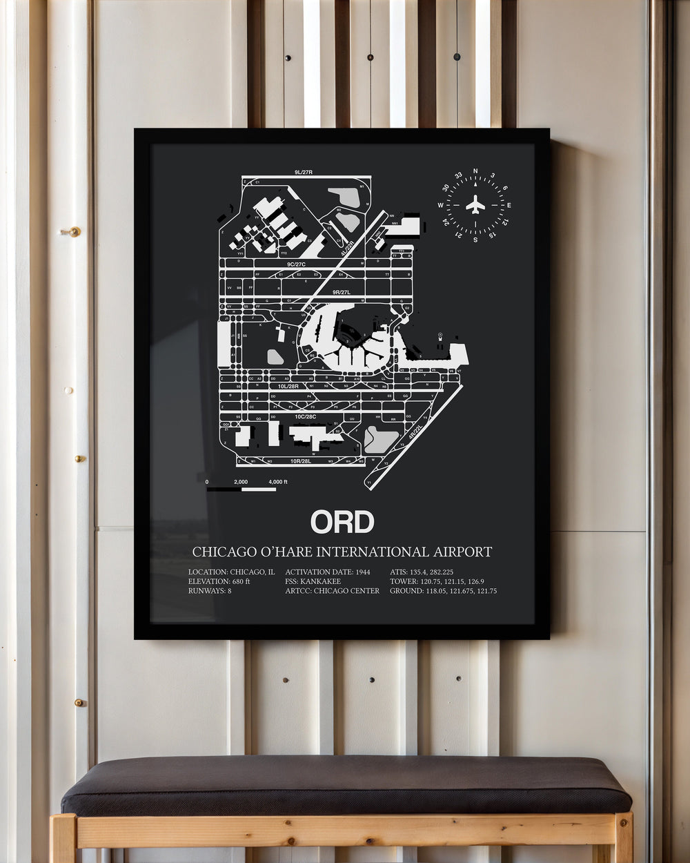 Framed Detailed Airport Map of Chicago O'Hare International Airport (ORD) in Gray with a Black Frame