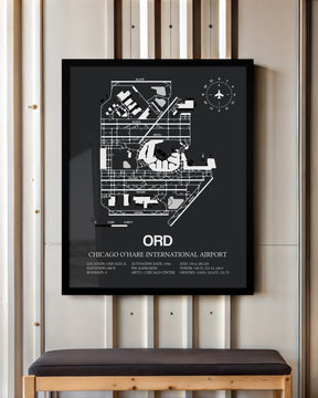 Framed Detailed Airport Map of Chicago O'Hare International Airport (ORD) in Gray with a Black Frame