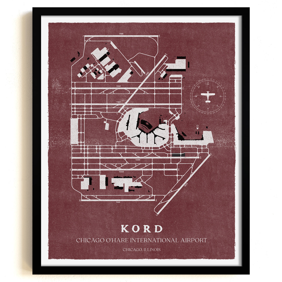 ORD Airport Map, Vintage Style, Chicago O'Hare International Airport Print