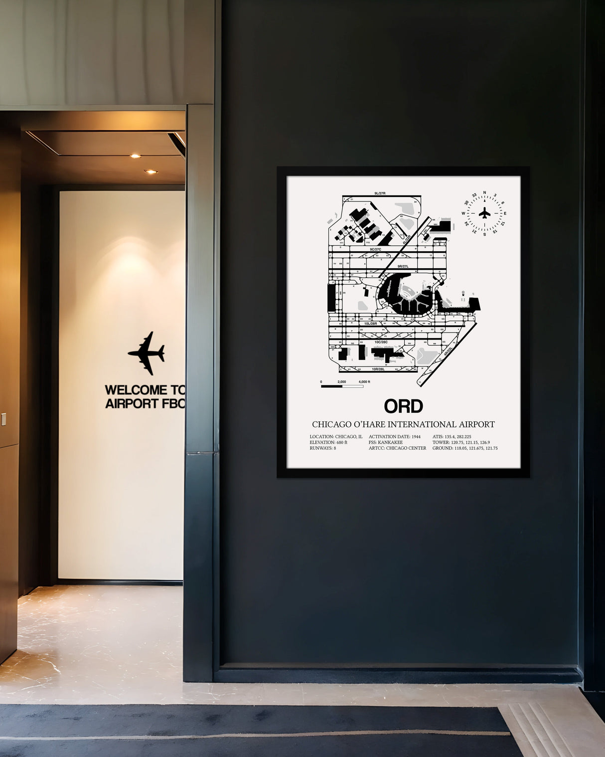 Framed Detailed Airport Map of Chicago O'Hare International Airport (ORD) in White with a Black Frame