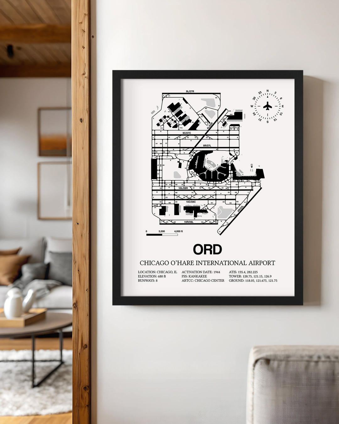 Framed Detailed Airport Map of Chicago O'Hare International Airport (ORD) in White with a Black Frame