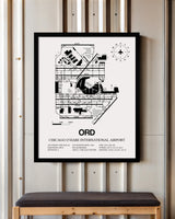 Framed Detailed Airport Map of Chicago O'Hare International Airport (ORD) in White with a Black Frame