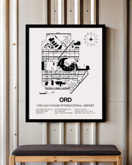 Framed Detailed Airport Map of Chicago O'Hare International Airport (ORD) in White with a Black Frame