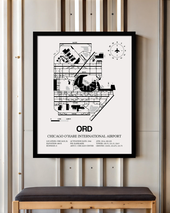 Framed Detailed Airport Map of Chicago O'Hare International Airport (ORD) in White with a Black Frame