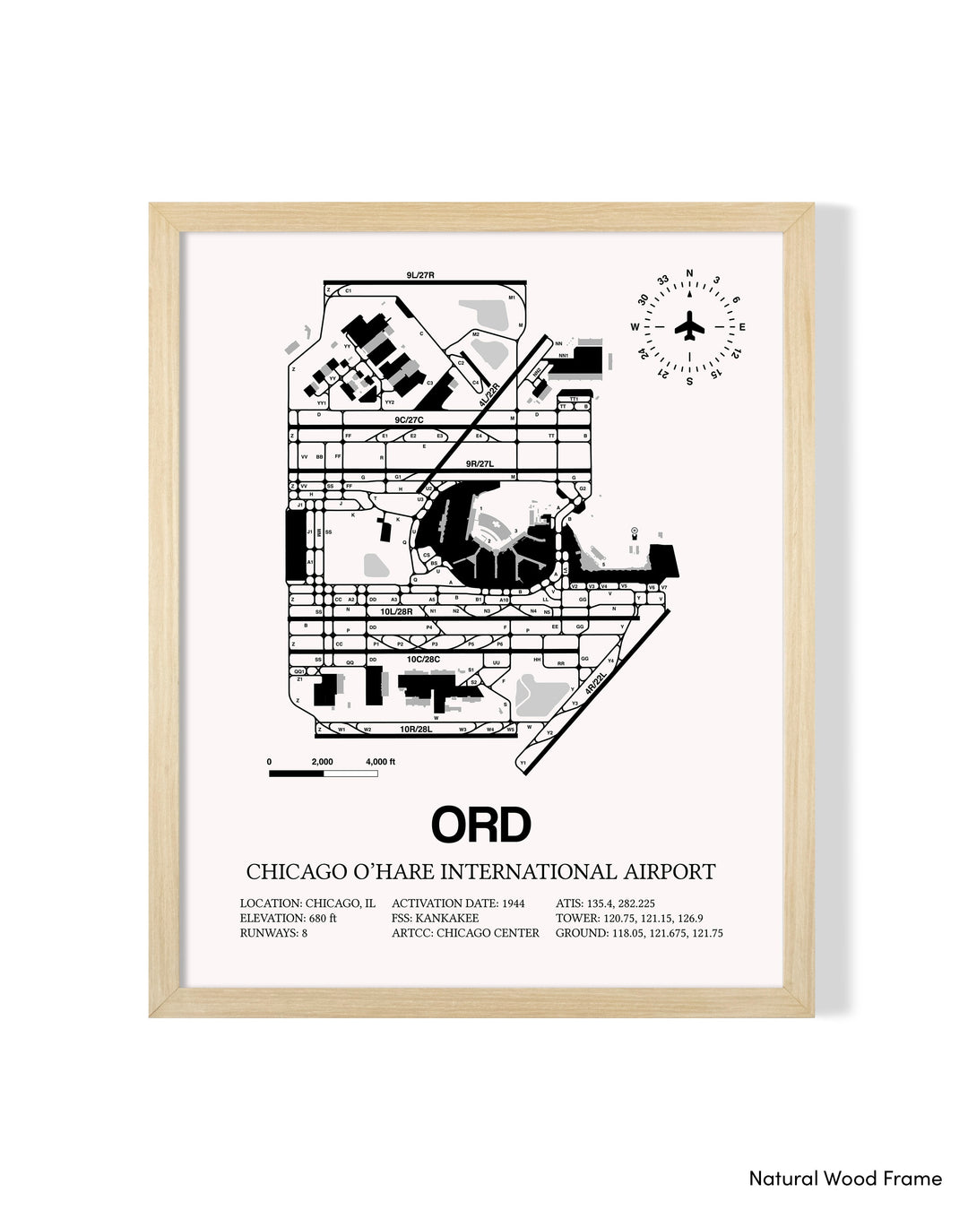 Detailed Airport Map of Chicago O'Hare International Airport (ORD) in White with a Natural Frame