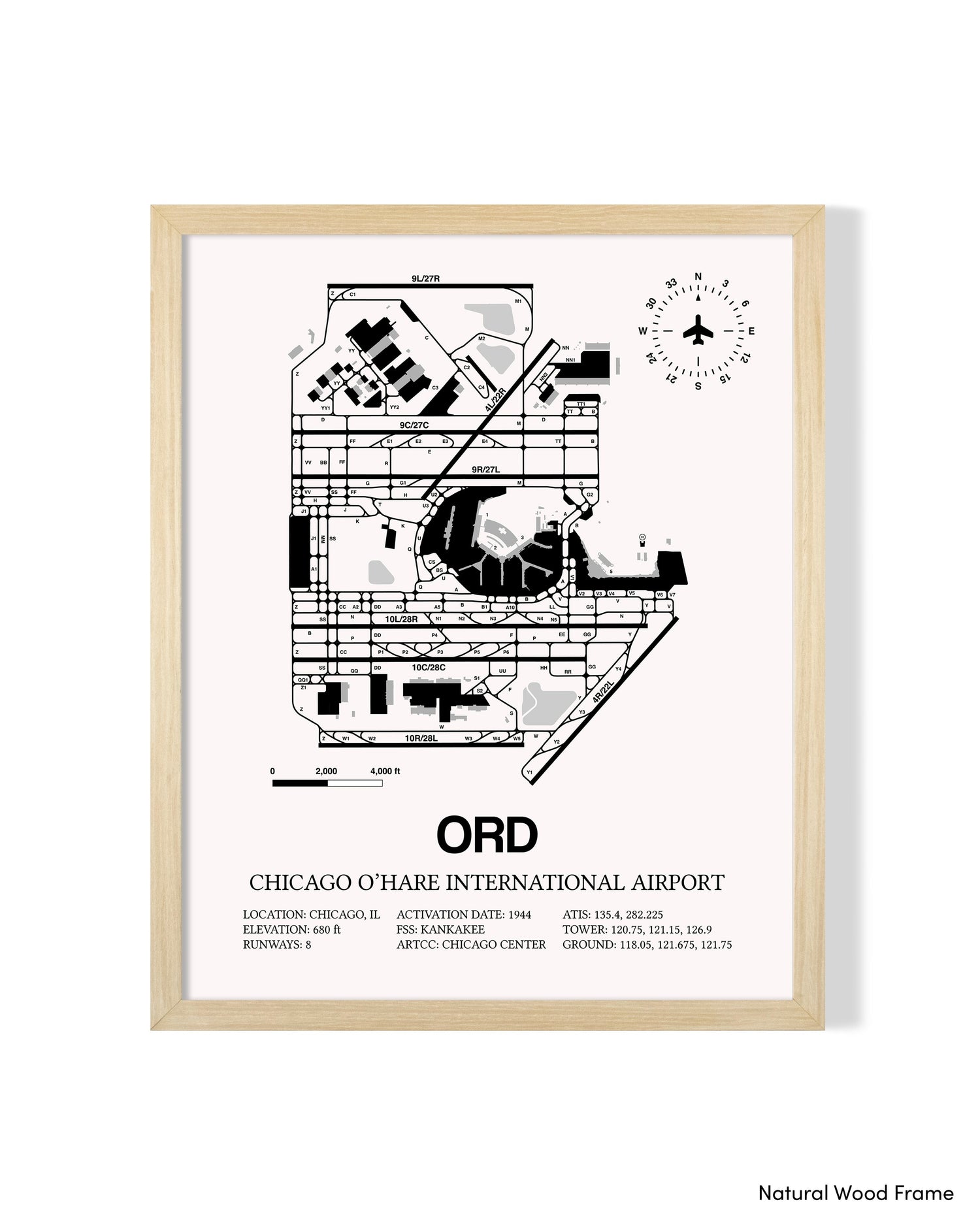 Detailed Airport Map of Chicago O'Hare International Airport (ORD) in White with a Natural Frame
