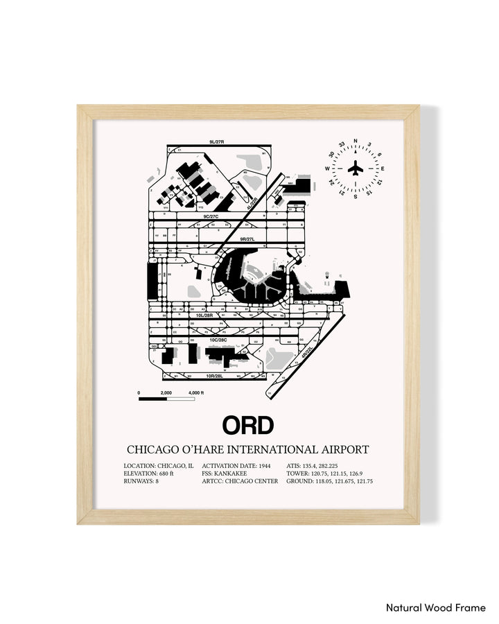 Detailed Airport Map of Chicago O'Hare International Airport (ORD) in White with a Natural Frame