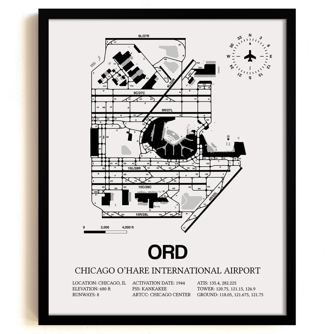 Framed Detailed Airport Map of Chicago O'Hare International Airport (ORD) in White with a Black Frame