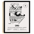 Framed Detailed Airport Map of Chicago O'Hare International Airport (ORD) in White with a Black Frame