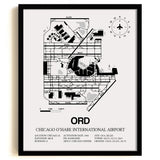 Framed Detailed Airport Map of Chicago O'Hare International Airport (ORD) in White with a Black Frame