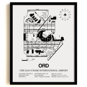 Framed Detailed Airport Map of Chicago O'Hare International Airport (ORD) in White with a Black Frame