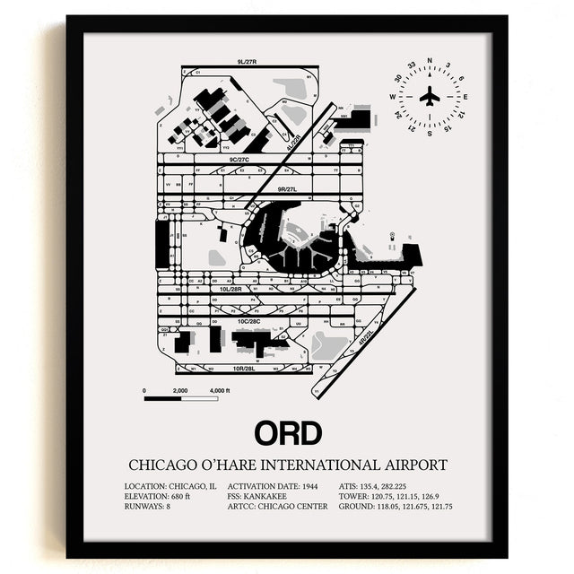 Framed Detailed Airport Map of Chicago O'Hare International Airport (ORD) in White with a Black Frame