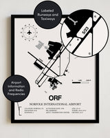 Framed Detailed Airport Map of Norfolk International Airport (ORF) in White with a Black Frame