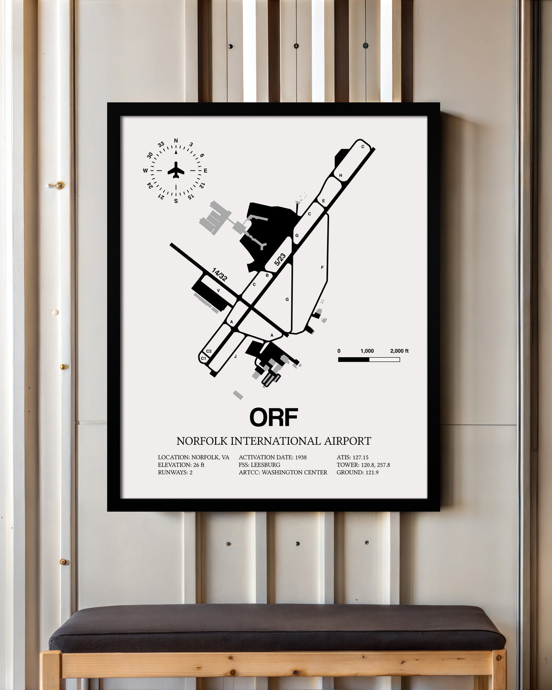Framed Detailed Airport Map of Norfolk International Airport (ORF) in White with a Black Frame