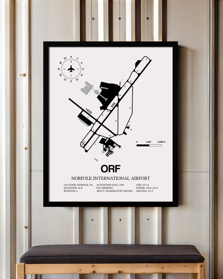 Framed Detailed Airport Map of Norfolk International Airport (ORF) in White with a Black Frame