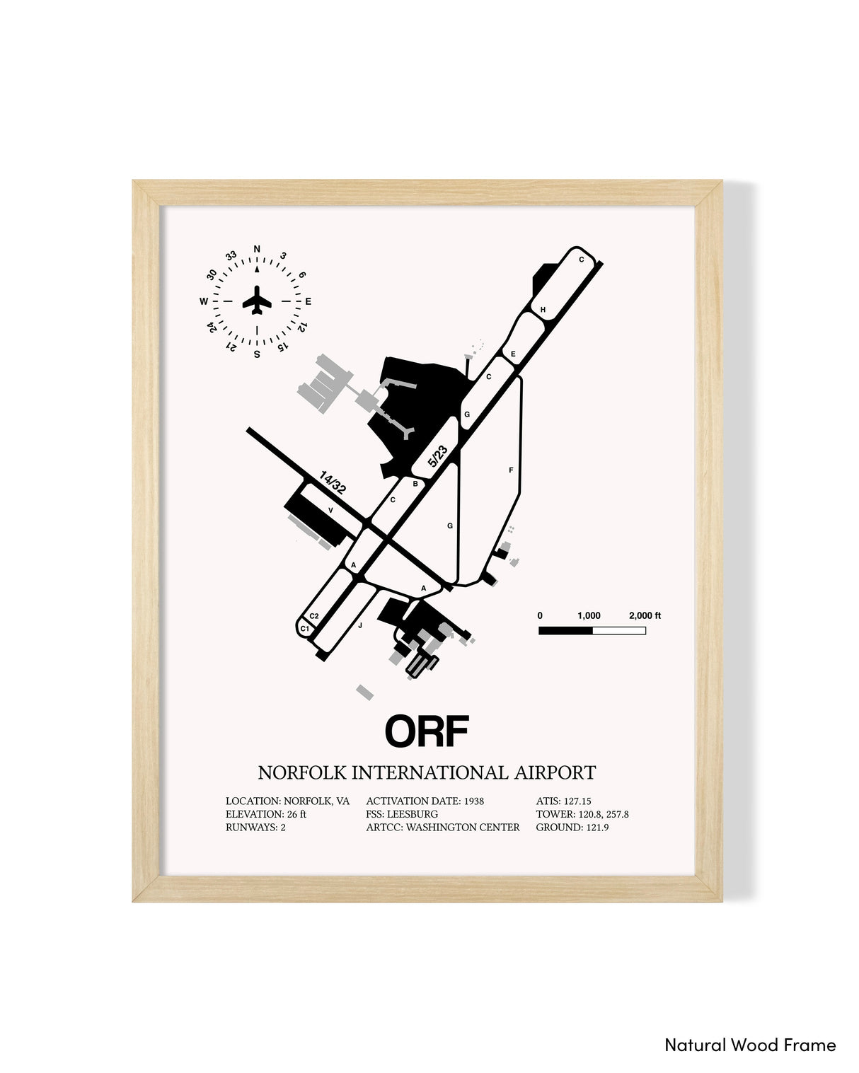 Detailed Airport Map of Norfolk International Airport (ORF) in White with a Natural Frame