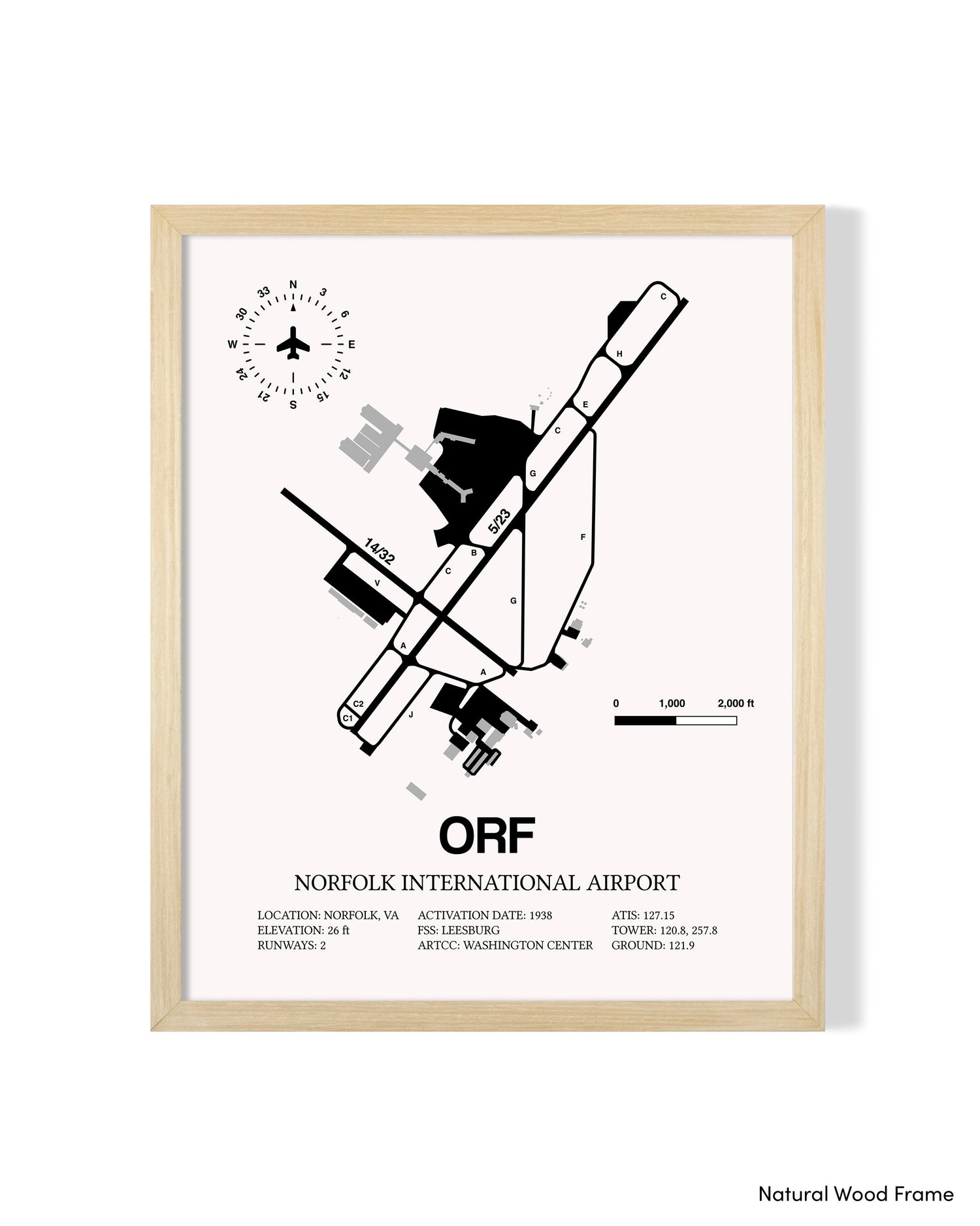 Detailed Airport Map of Norfolk International Airport (ORF) in White with a Natural Frame