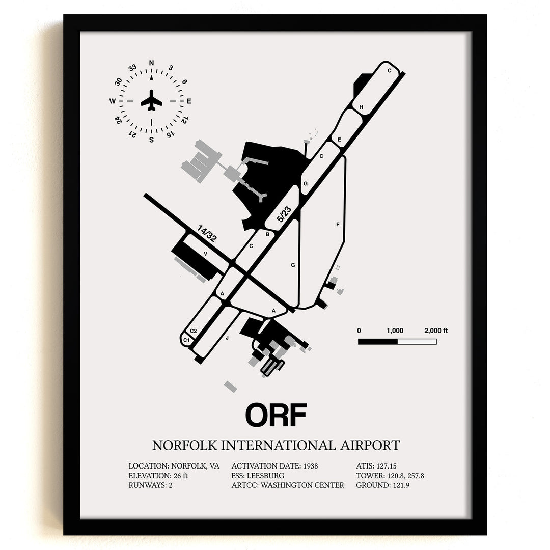 Framed Detailed Airport Map of Norfolk International Airport (ORF) in White with a Black Frame