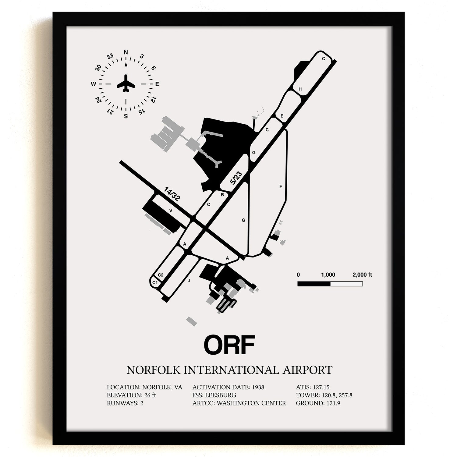 Framed Detailed Airport Map of Norfolk International Airport (ORF) in White with a Black Frame