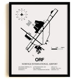 Framed Detailed Airport Map of Norfolk International Airport (ORF) in White with a Black Frame