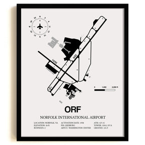 Framed Detailed Airport Map of Norfolk International Airport (ORF) in White with a Black Frame