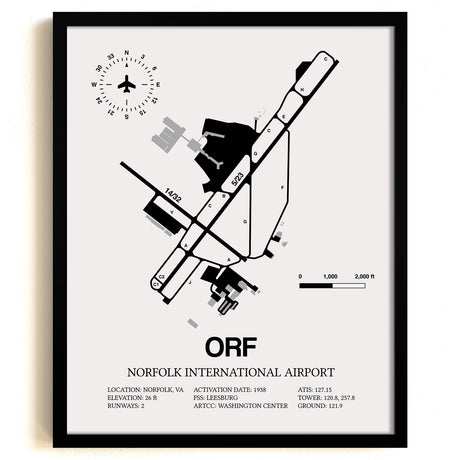 Framed Detailed Airport Map of Norfolk International Airport (ORF) in White with a Black Frame