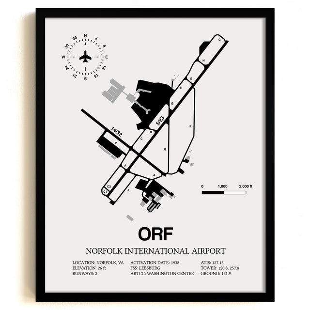 Framed Detailed Airport Map of Norfolk International Airport (ORF) in White with a Black Frame