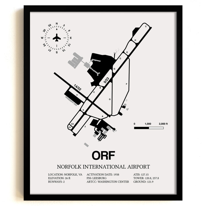 Framed Detailed Airport Map of Norfolk International Airport (ORF) in White with a Black Frame