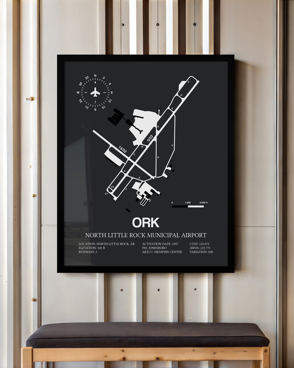 Framed Detailed Airport Map of North Little Rock Municipal Airport (ORK) in Gray with a Black Frame