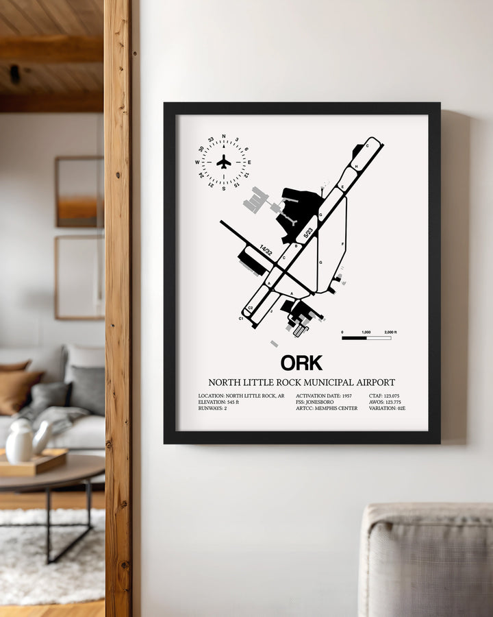 Framed Detailed Airport Map of North Little Rock Municipal Airport (ORK) in White with a Black Frame