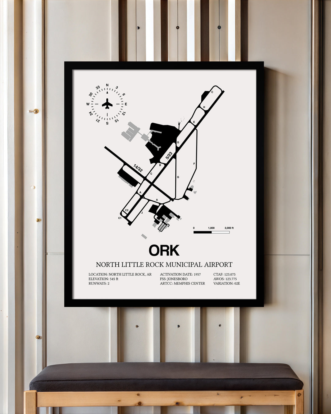 Framed Detailed Airport Map of North Little Rock Municipal Airport (ORK) in White with a Black Frame