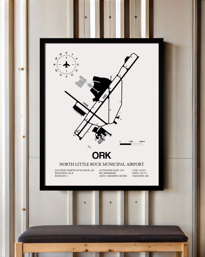 Framed Detailed Airport Map of North Little Rock Municipal Airport (ORK) in White with a Black Frame