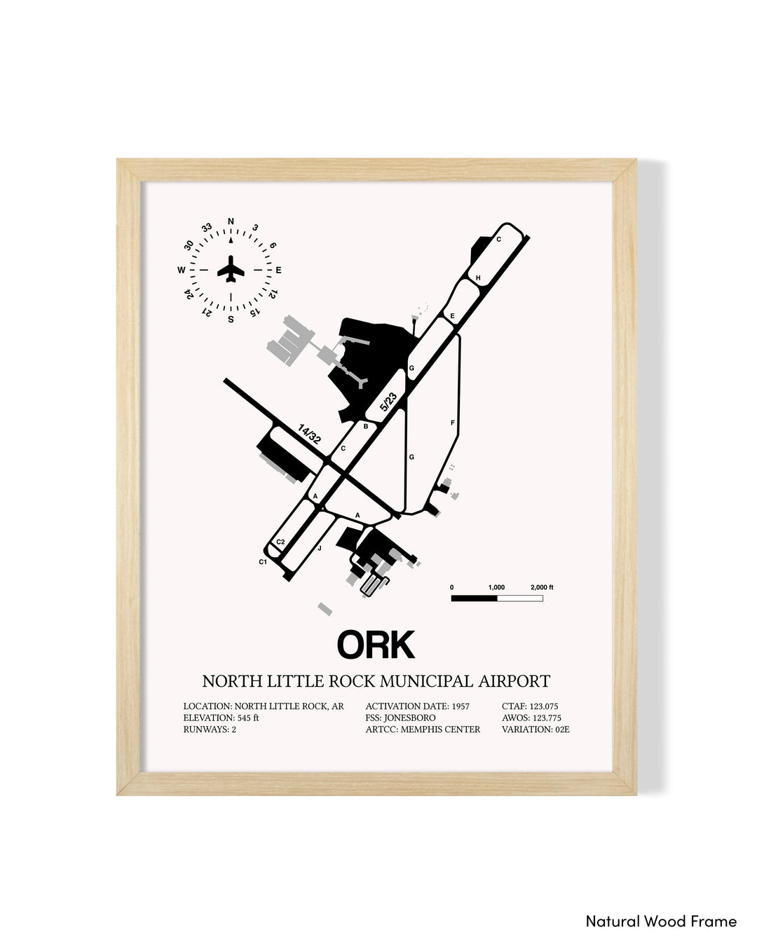 Detailed Airport Map of North Little Rock Municipal Airport (ORK) in White with a Natural Frame