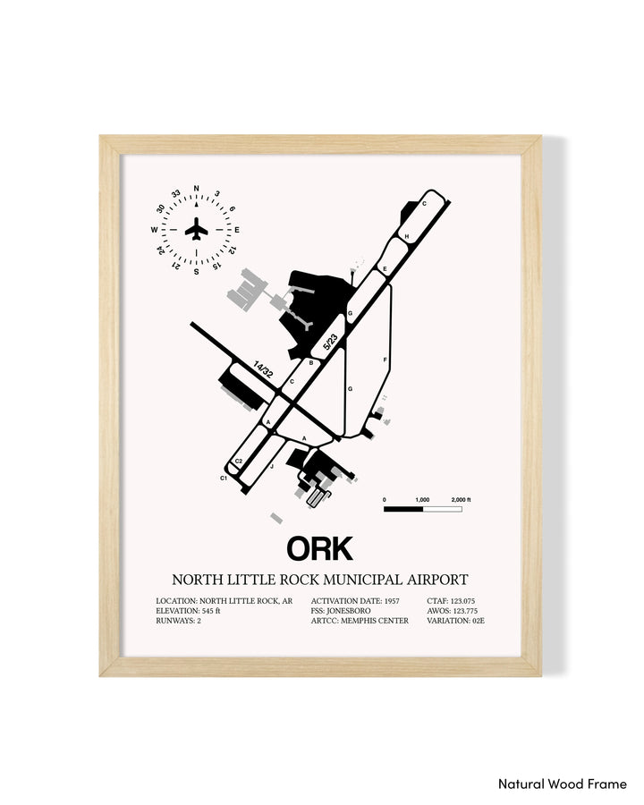 Detailed Airport Map of North Little Rock Municipal Airport (ORK) in White with a Natural Frame