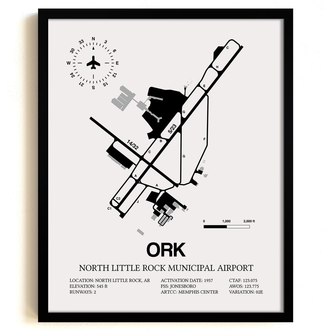 Framed Detailed Airport Map of North Little Rock Municipal Airport (ORK) in White with a Black Frame