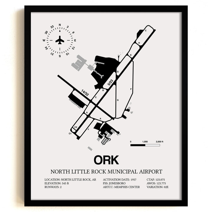 Framed Detailed Airport Map of North Little Rock Municipal Airport (ORK) in White with a Black Frame