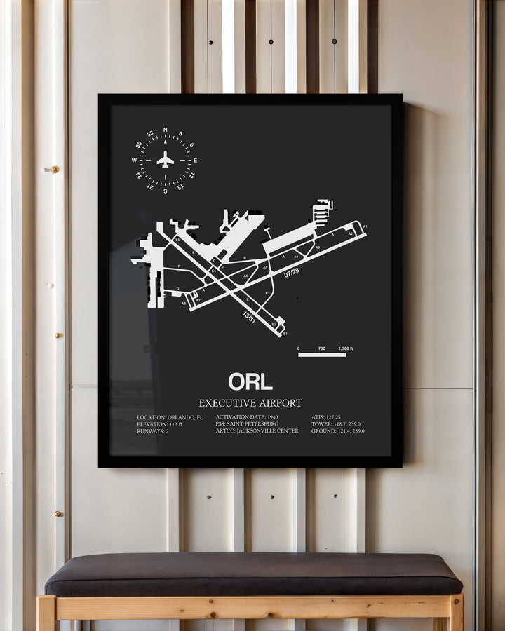 Framed Detailed Airport Map of Executive Airport (ORL) in Gray with a Black Frame