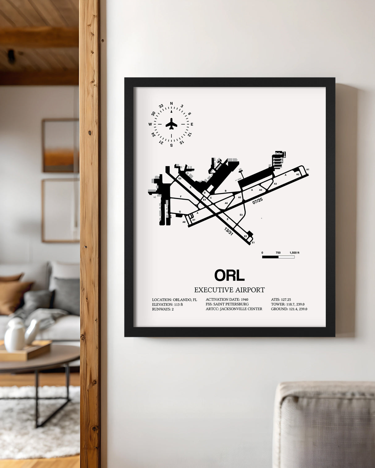 Framed Detailed Airport Map of Executive Airport (ORL) in White with a Black Frame